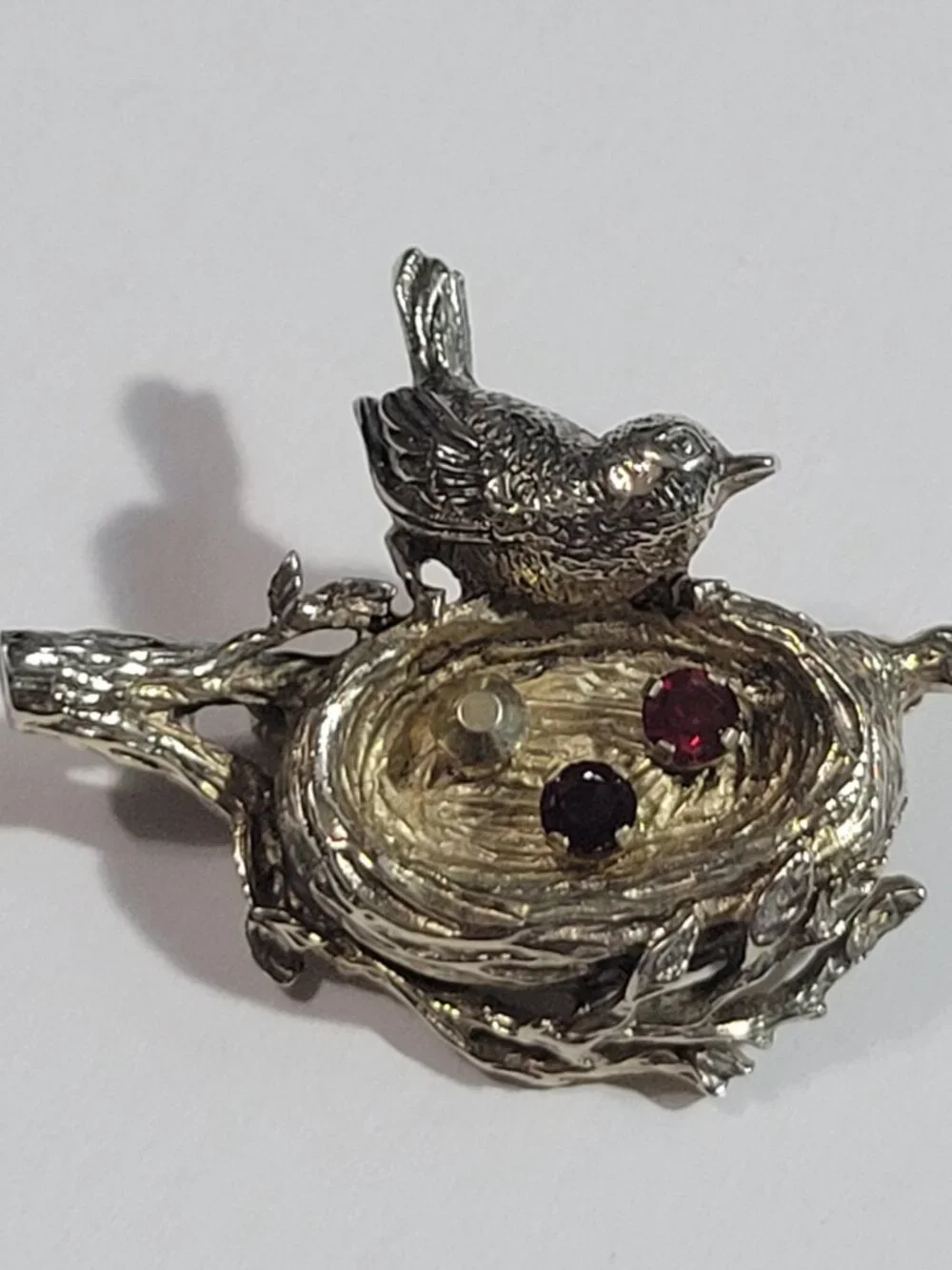 Anson Mama Bird Nest Brooch Rhinestones Sterling Silver Vintage Birthstones